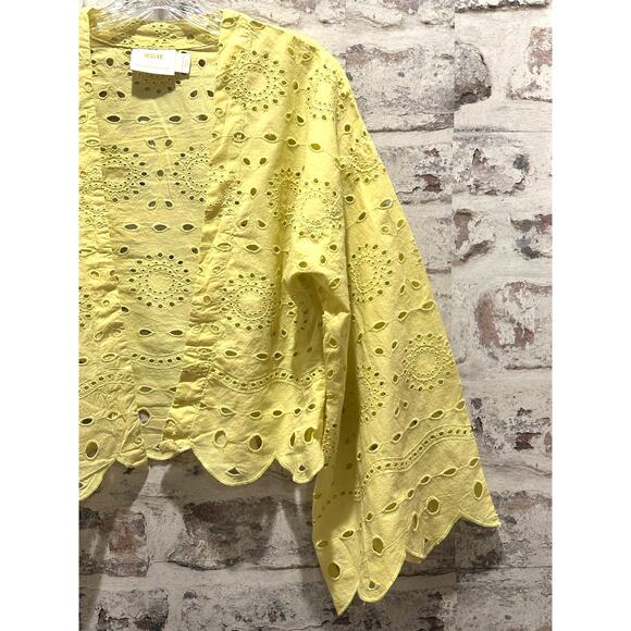 Anthropologie WOMENS ONE SIZE Maeve Cropped Navy Eyelet Cotton Kimono yellow - Picture 7 of 12